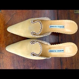 Manolo Blahnik Suede Mules, kitten heal with stitching and ribbon lining.